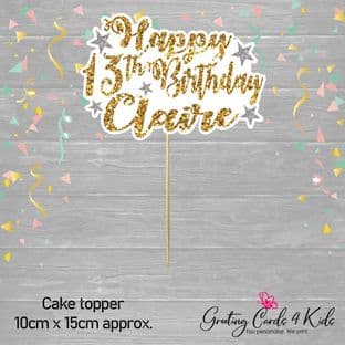 Dark Gold & Silver Stars Glitter Text Birthday Cake Topper