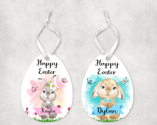 Easter Egg Shape Ornament Blue or Pink Bunny