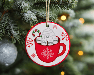 Family Hot Chocolate Cup Acrylic Bauble Christmas Ornament