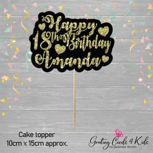 Gold Glitter Text on Black Birthday Cake Topper
