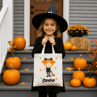 Halloween Girl Cat Trick or Treat Tote Bag