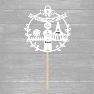 Intricate Cut Communion Standing Boy Cake Topper