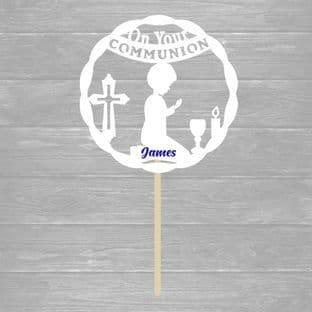 Intricate Cut Kneeling Boy Communion Cake Topper