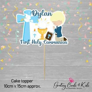 Kneeling Blonde Hair Boy Communion Cake Topper