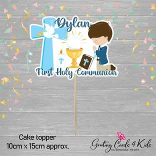 Kneeling Brown Hair Boy Communion Cake Topper