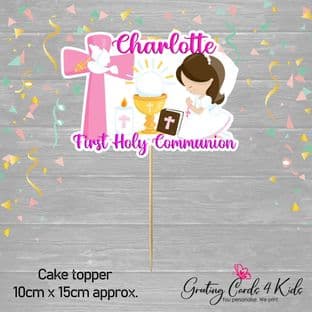 Kneeling Brown Hair Girl Communion Cake Topper