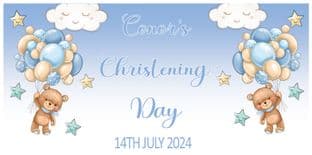 Large Teddy with Blue Balloons Christening Banner