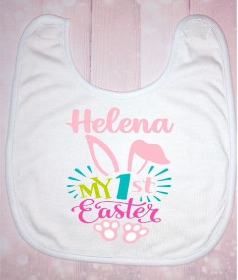 Personalised 1st Easter Bib Bunny Ears Pink