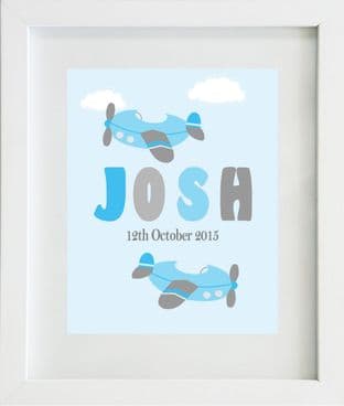 Personalised Aeorplane Blue Grey Name Print