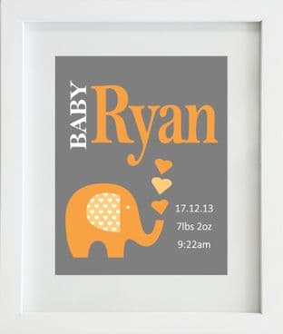 Personalised Baby Birth Statistics with Orange Elephant Print
