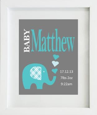 Personalised Baby Birth Statistics with Turquoise Elephant Print