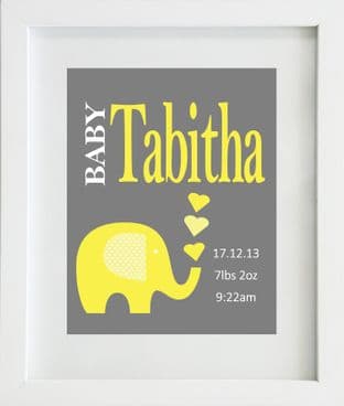Personalised Baby Birth Statistics with Yellow Elephant Print