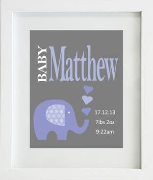 Personalised Baby Boy Birth Statistics with Blue Elephant Print