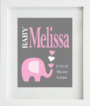 Personalised Baby Girl Birth Statistics with Pink Elephant Print