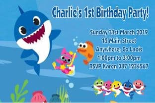 Personalised Baby Shark Invitations Blue Text