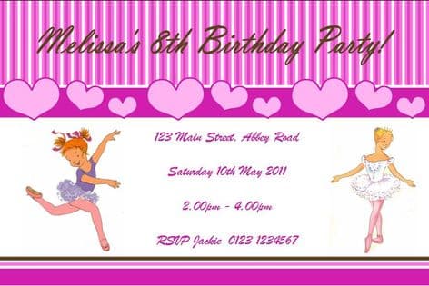 Personalised Ballet Theme Invitations Design 1