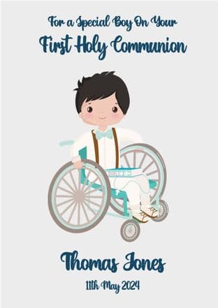 Personalised Black Hair Boy in Wheelchair Communion Card