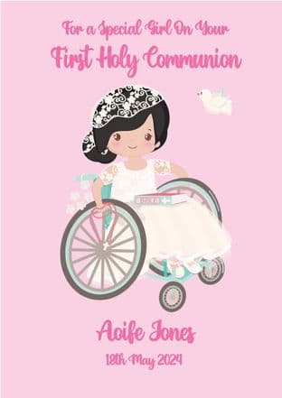Personalised Black Hair Girl in Wheelchair Communion Card