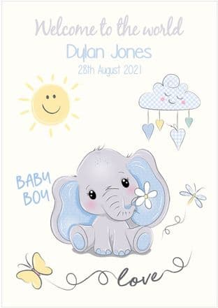 Personalised Blue Baby Elephant New Baby Card