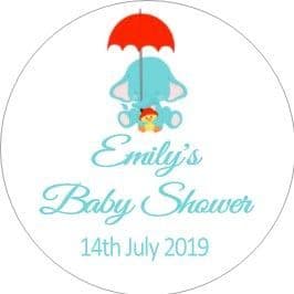 Personalised Blue Baby Elephant with Umbrella Baby Shower Party Stickers