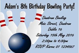 Personalised Blue Bowling Theme Invitations
