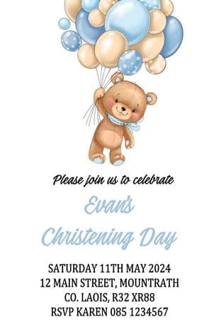 Personalised Blue & Brown Bear Theme Christening Invitation