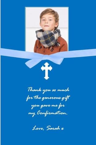 Personalised Blue Confirmation OR Commuion Bow Photo Thank You Card