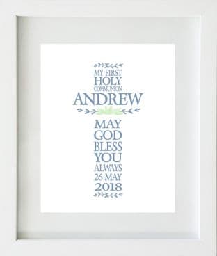 Personalised Blue Cross Name First Holy Communion Print