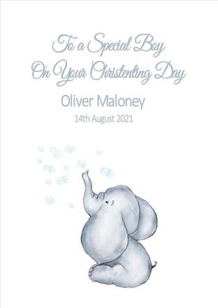 Personalised Blue Elephant Bubbles Christening Card