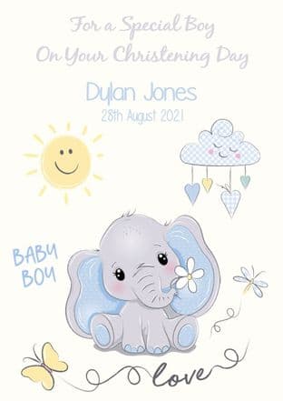 Personalised Blue Elephant Christening Card