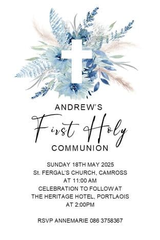 Personalised Blue Flowers & Cross First Communion Invitations