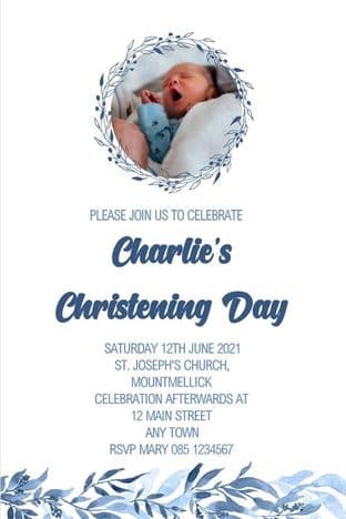 Personalised Blue Leaf Photo Christening Invitation