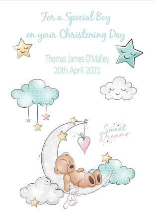 Personalised Blue Sleeping Bear Christening Card
