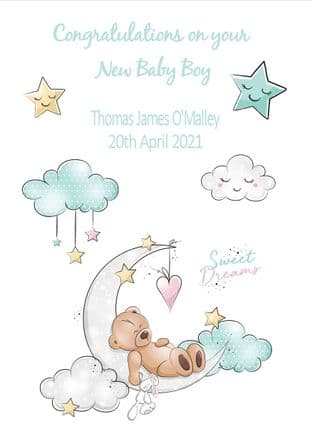Personalised Blue Sleeping Teddy New Baby Card