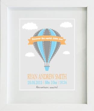Personalised Boy Blue Grey Hot Air Balloon Print