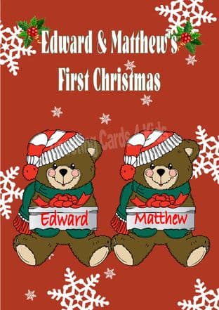 Personalised Boy Teddy Twins First Christmas Card