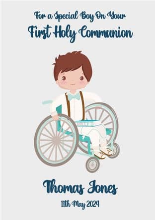 Personalised Brown Hair Boy in Wheelchair Communion Card