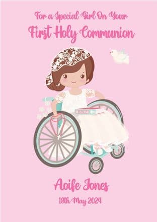Personalised Brown Hair Girl in Wheelchair Communion Card
