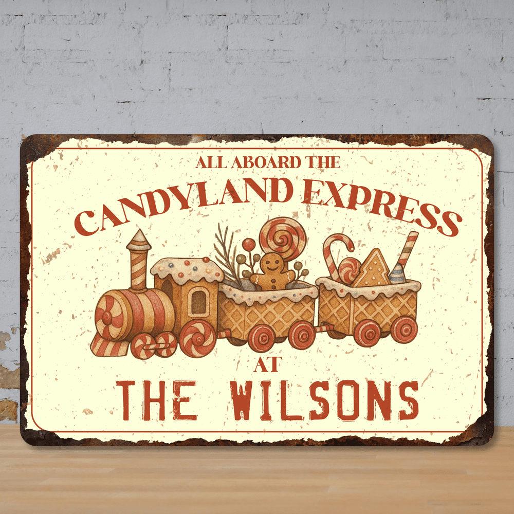Personalised Candyland Train Family Christmas Metal Sign