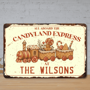 Personalised Candyland Train Family Christmas Metal Sign