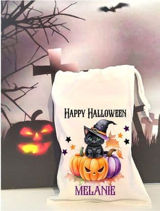 Personalised Cat on Pumpkin Drawstring Treat Bag