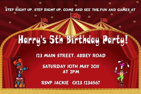 Personalised Circus Theme Invitations