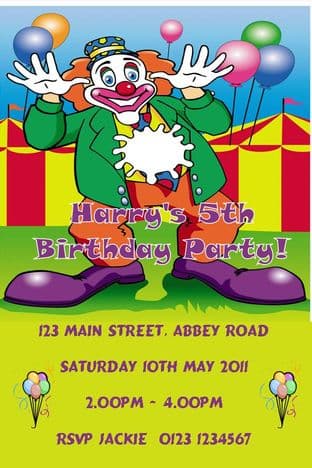 Personalised Clown Theme Invitations