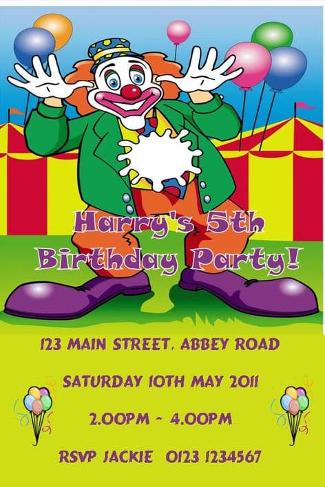 Personalised Clown Theme Invitations