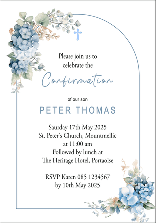 Personalised Confirmation Invitations Blue Floral Arch
