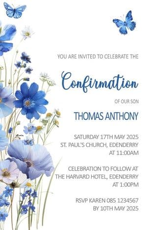 Personalised Confirmation Invitations Blue Floral Butterfly
