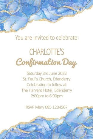 Personalised Confirmation Invitations Blue Gold on White