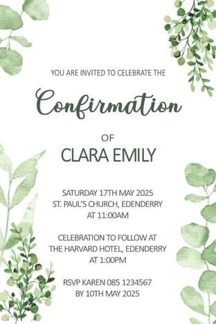 Personalised Confirmation Invitations Green Foliage