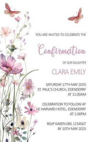 Personalised Confirmation Invitations Pink Floral Butterfly