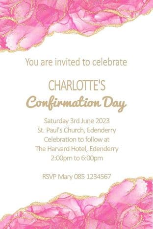 Personalised Confirmation Invitations Pink Gold on White